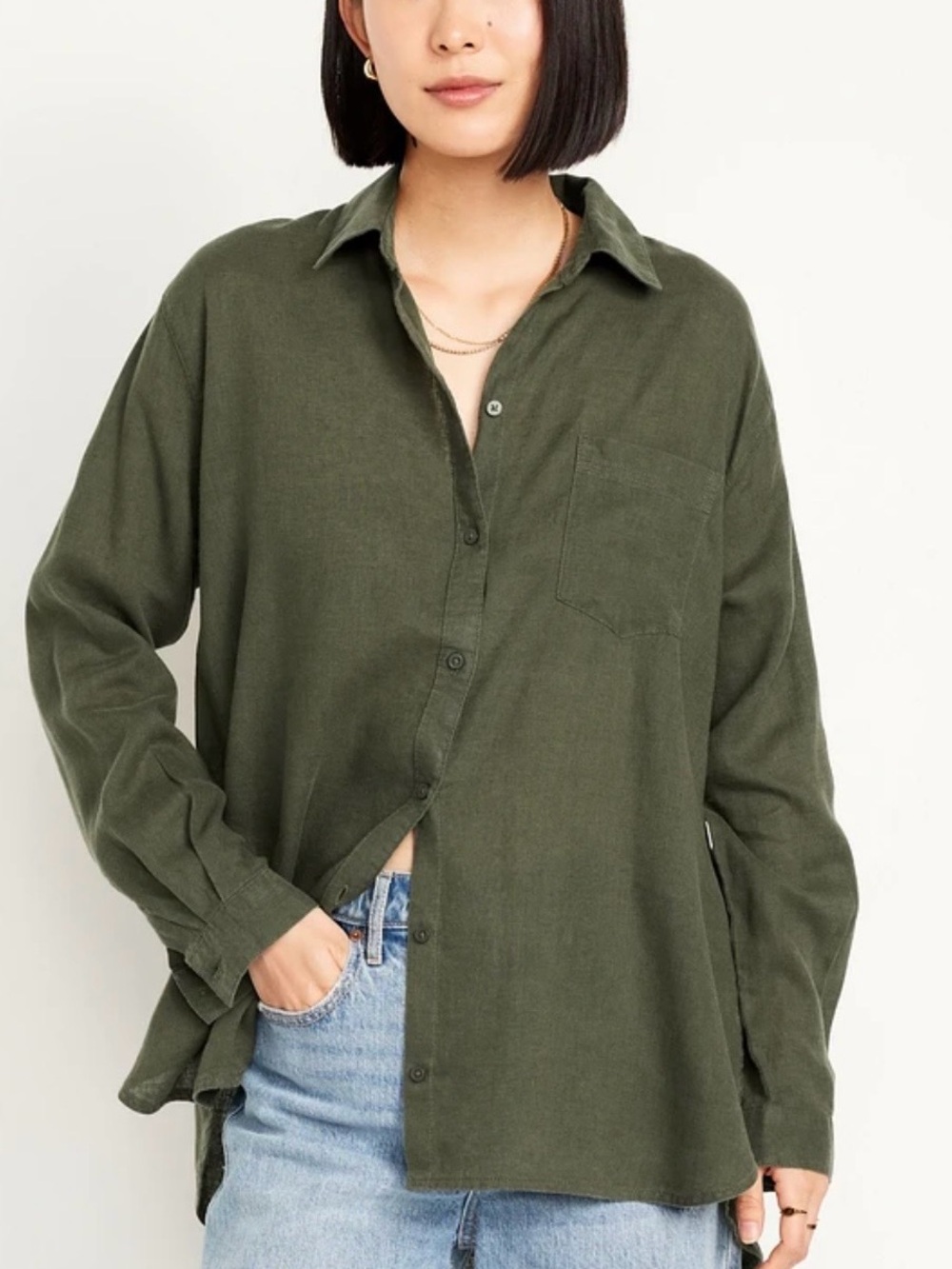 Old Navy Linen-Blend Button-Down Boyfriend Shirt Size XXL petite Olive green